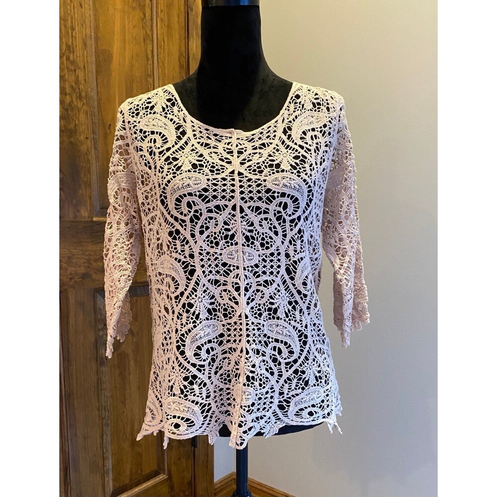 Adiva Blouse‎ Plus Size XL Lace Womens Chic Sexy Top Nude Color 3/4 Sleeves